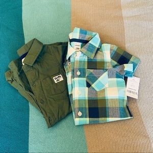 💰Pair of Olive Green Dino Romper & Plaid Romper